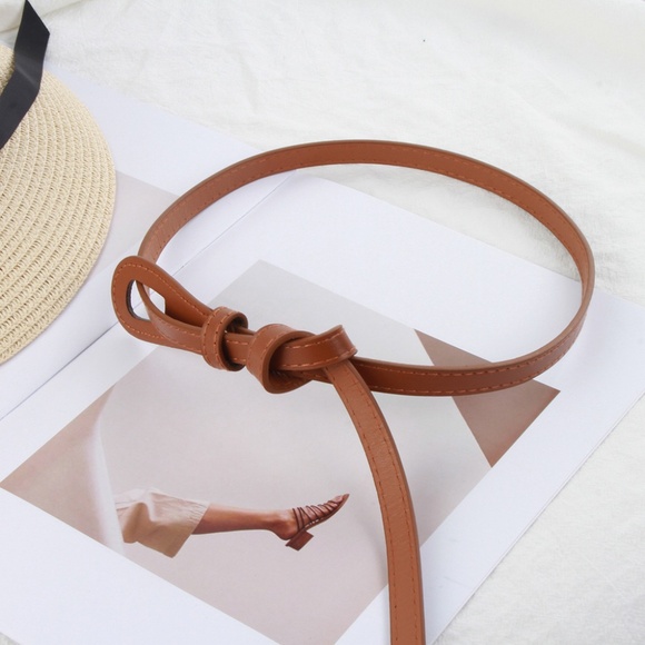 2/$30 Slim Brown Belt Knot Detail Adjustable PU Leather Thin For Coat Dress - Picture 5 of 5
